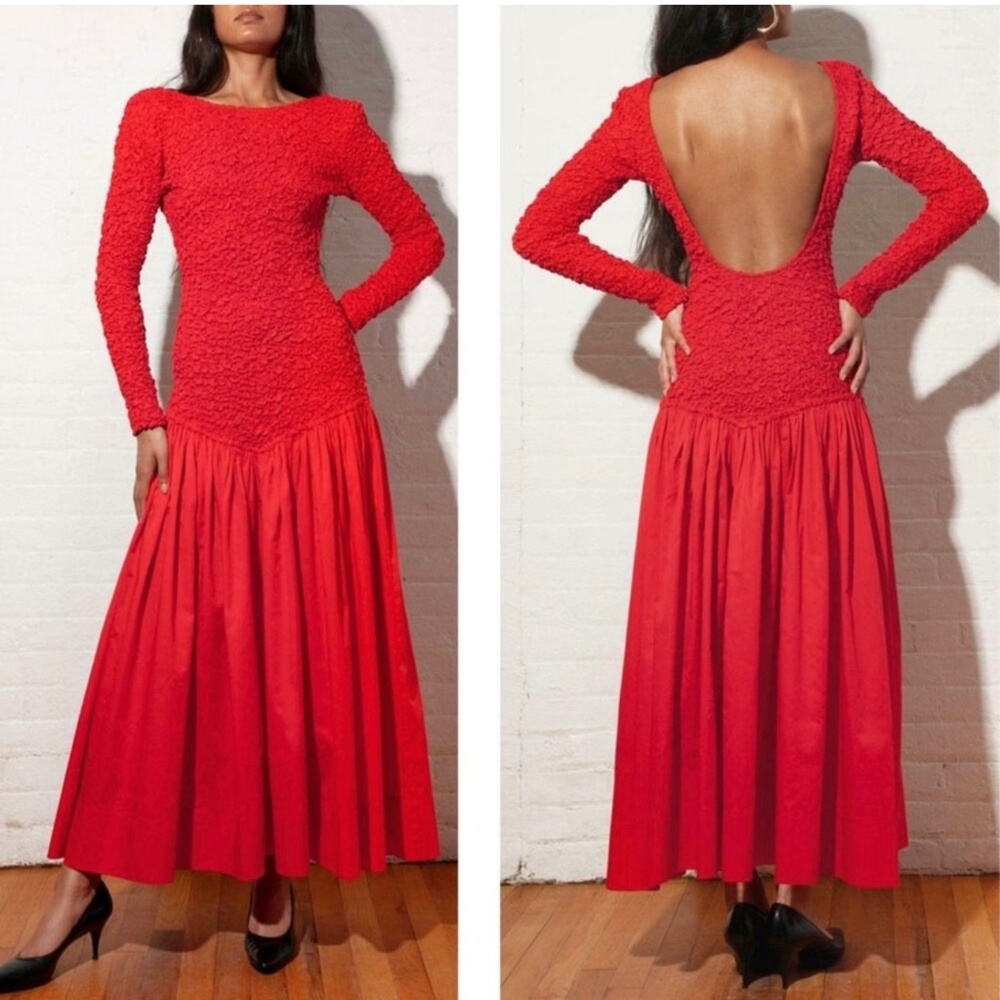 Mara Hoffman Mereba Popcorn Long Sleeve Open Back Red Maxi Dress Size XL